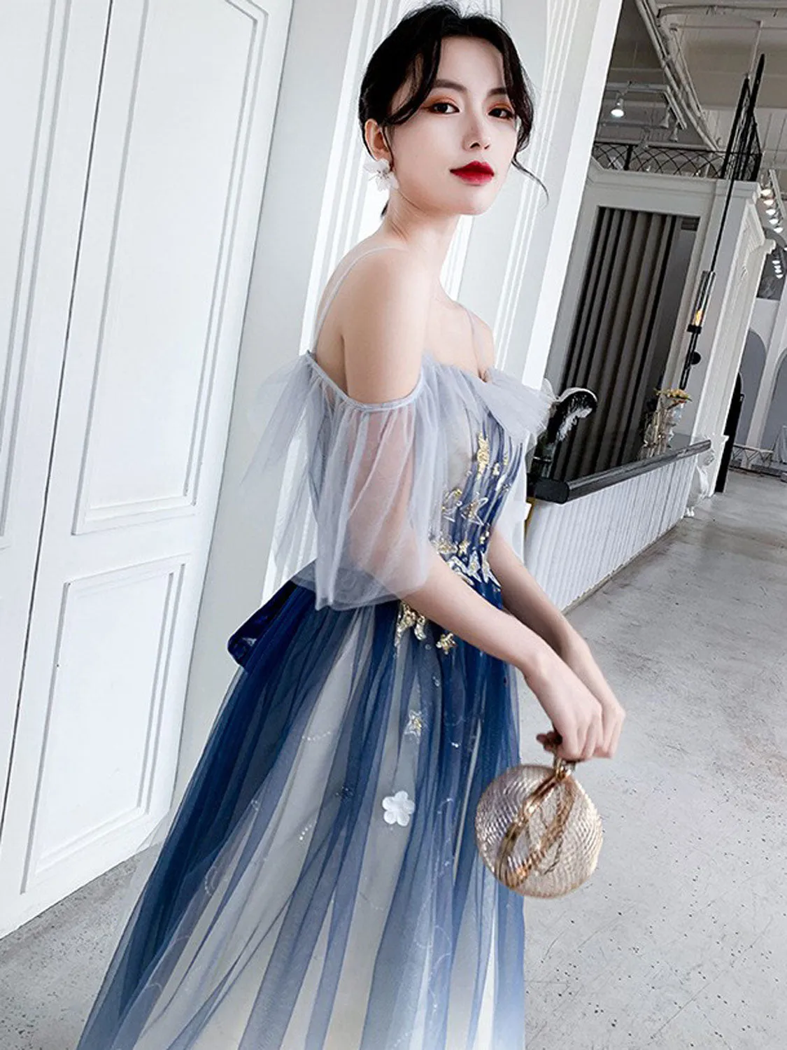 Blue Aline tulle long prom dress blue tulle formal dress