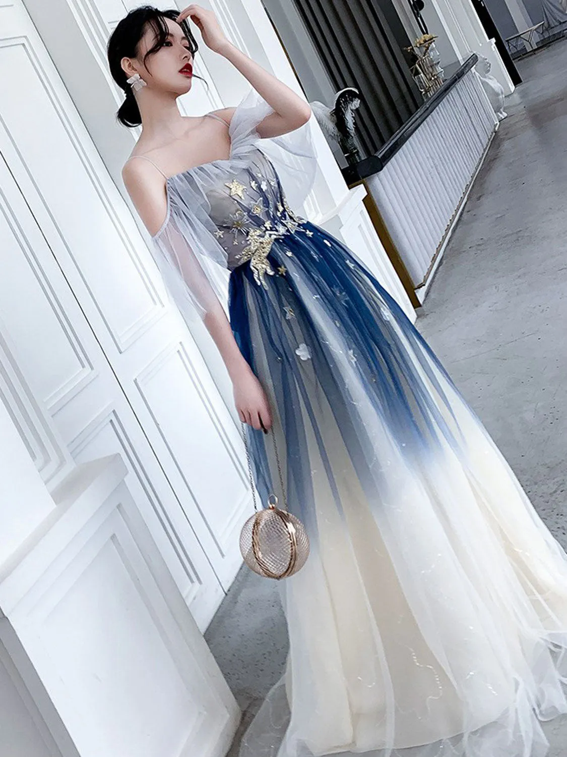 Blue Aline tulle long prom dress blue tulle formal dress