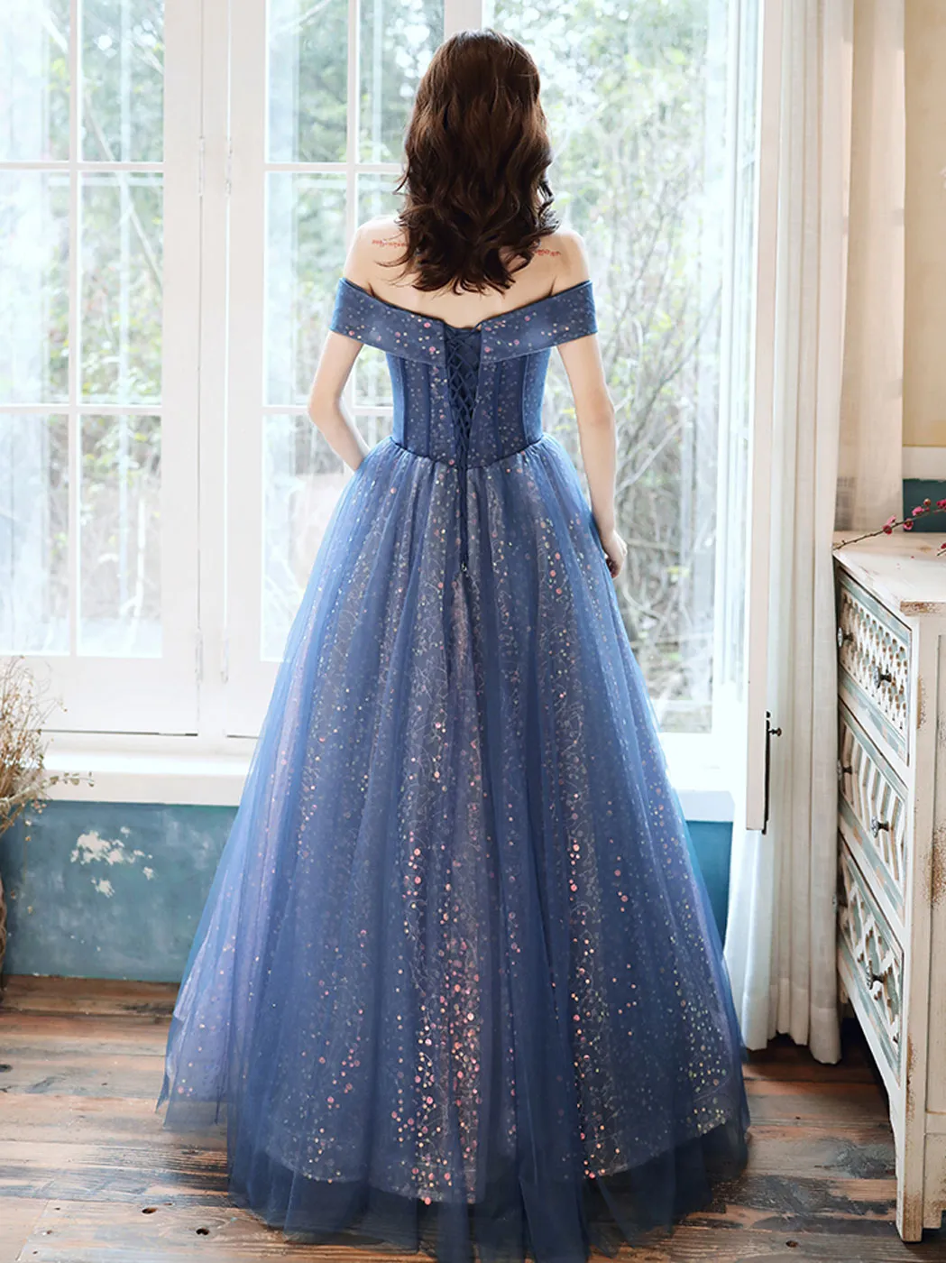 Blue Aline tulle off shoulder long prom dress blue long formal dress