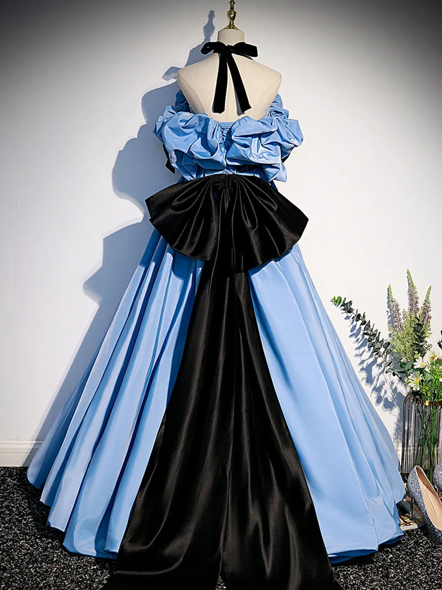 Blue satin lace long prom dress blue satin evening dress