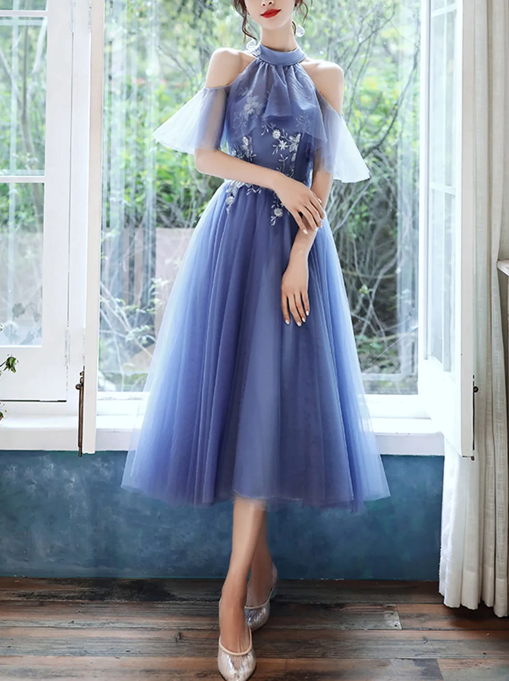 Blue tulle lace short prom dress blue tulle cocktail dress