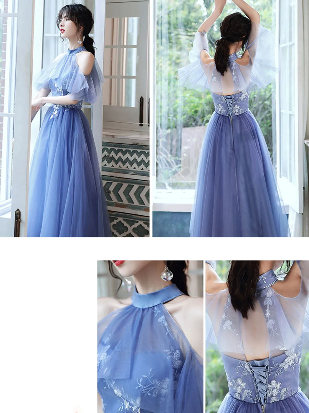 Blue tulle lace short prom dress blue tulle cocktail dress