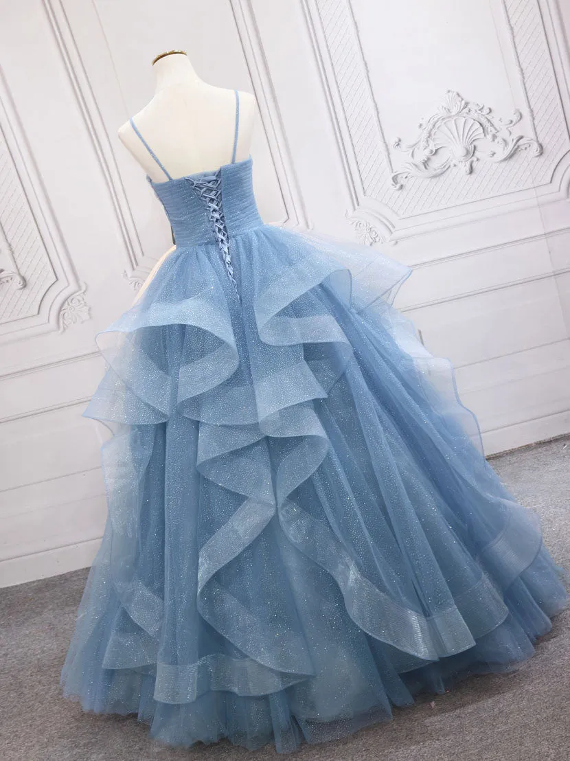 Blue tulle sequin long prom dress, blue tulle formal dress