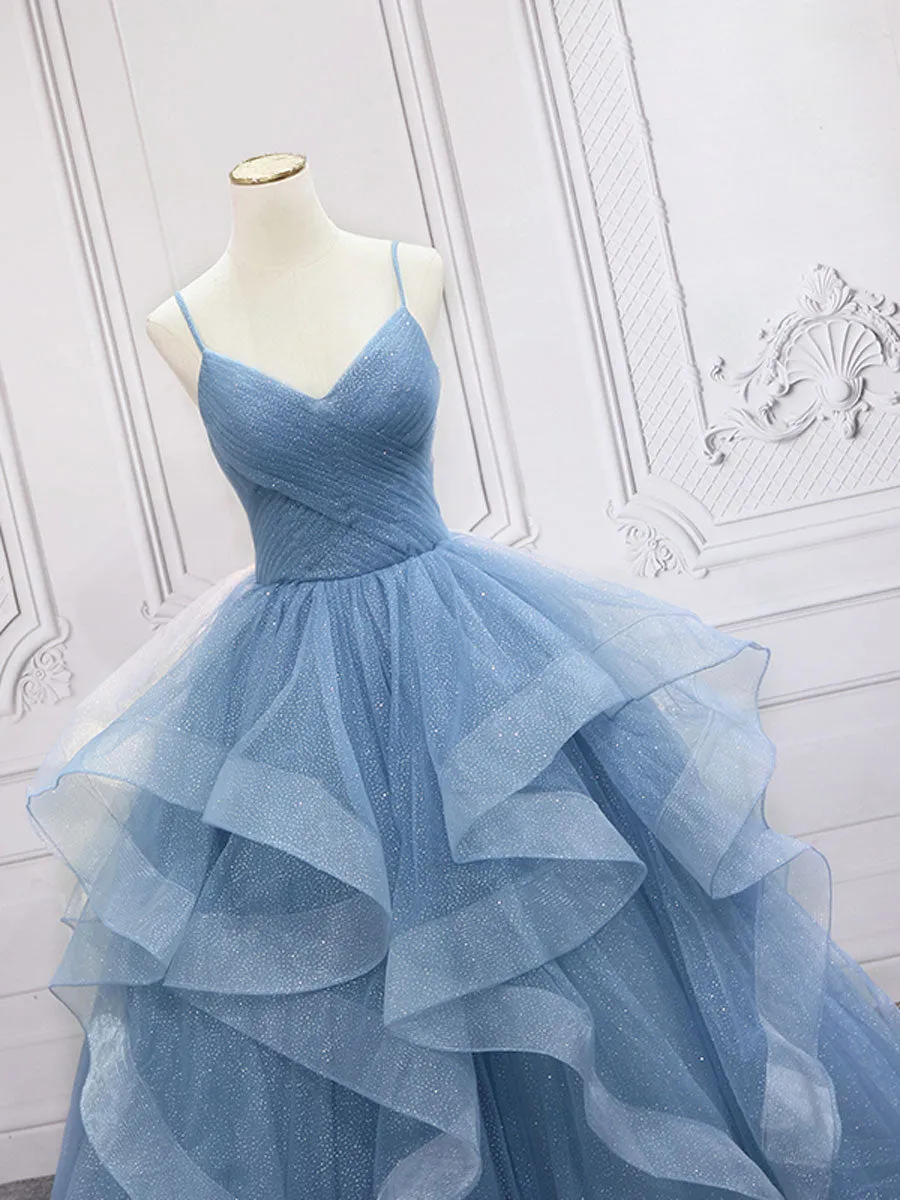 Blue tulle sequin long prom dress, blue tulle formal dress