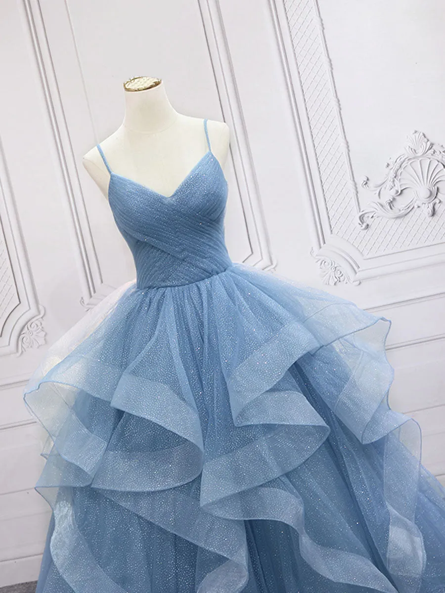 Blue tulle sequin long prom dress, blue tulle formal dress