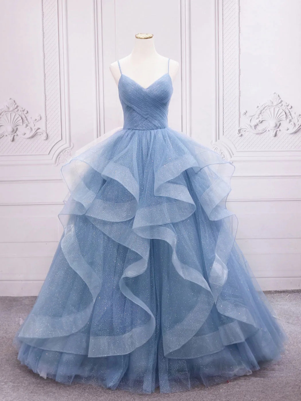 Blue tulle sequin long prom dress, blue tulle formal dress