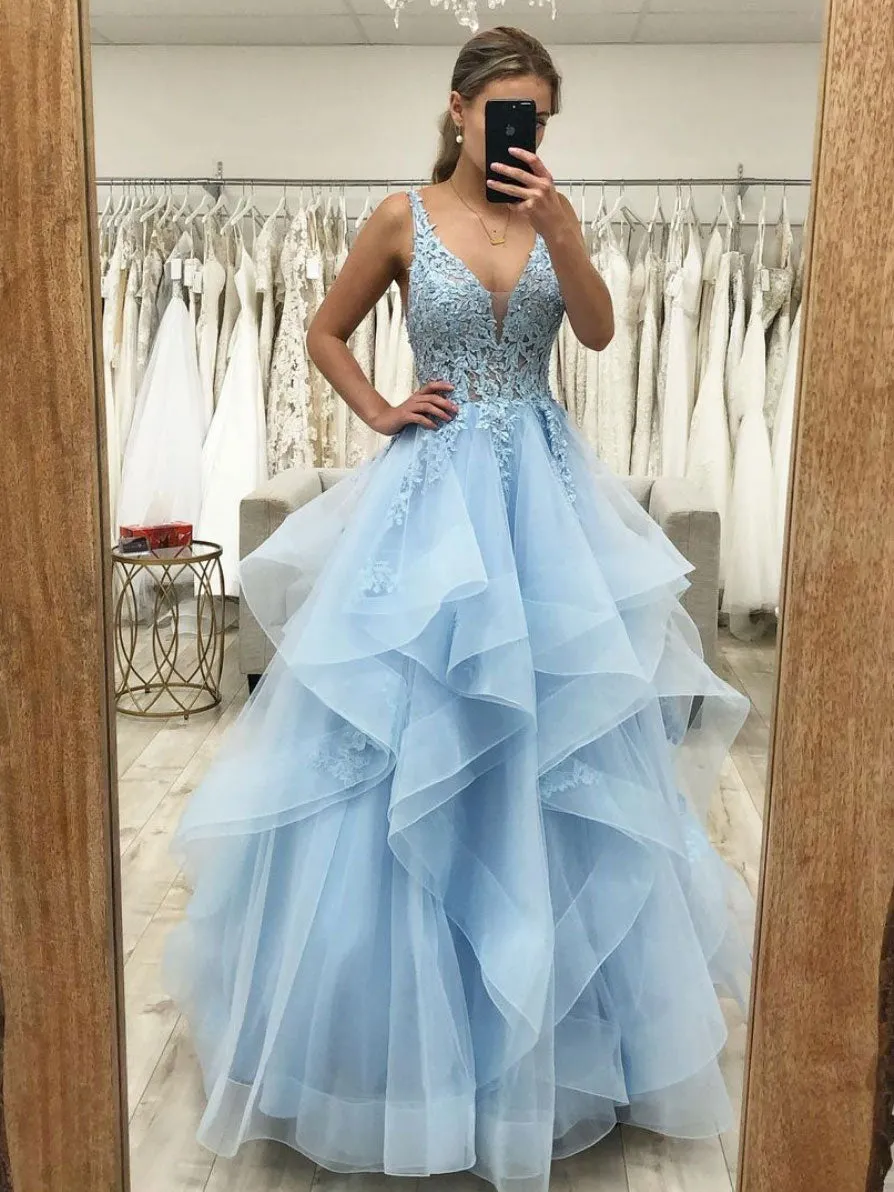 Blue v neck tulle lace long prom dress, blue evening dress