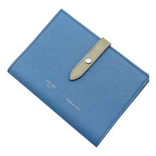 Celine Céline Blue Grained Calfskin Strap Passport Cover Wallet