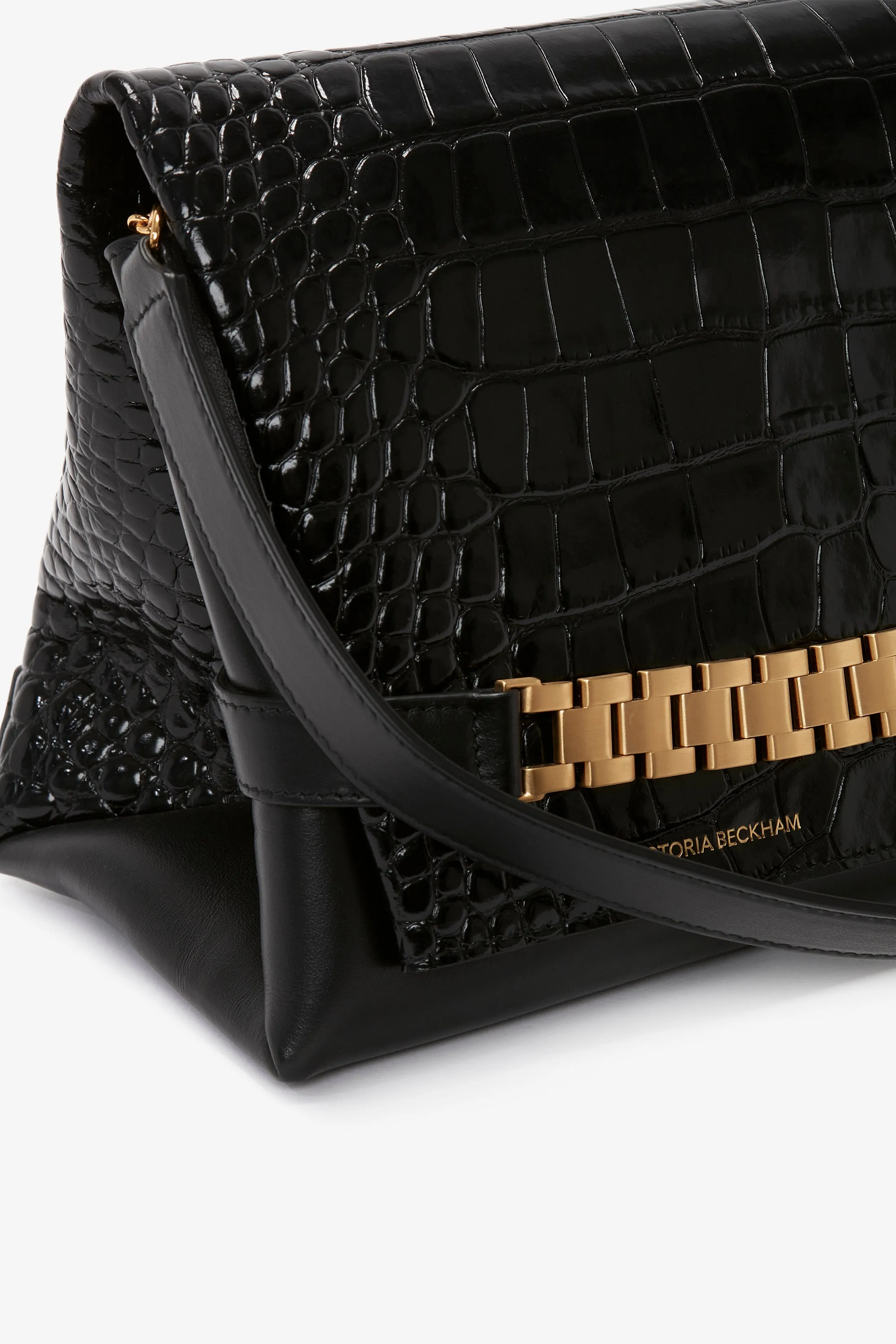 Chain Pouch With Strap In Black Croc-Effect Leather