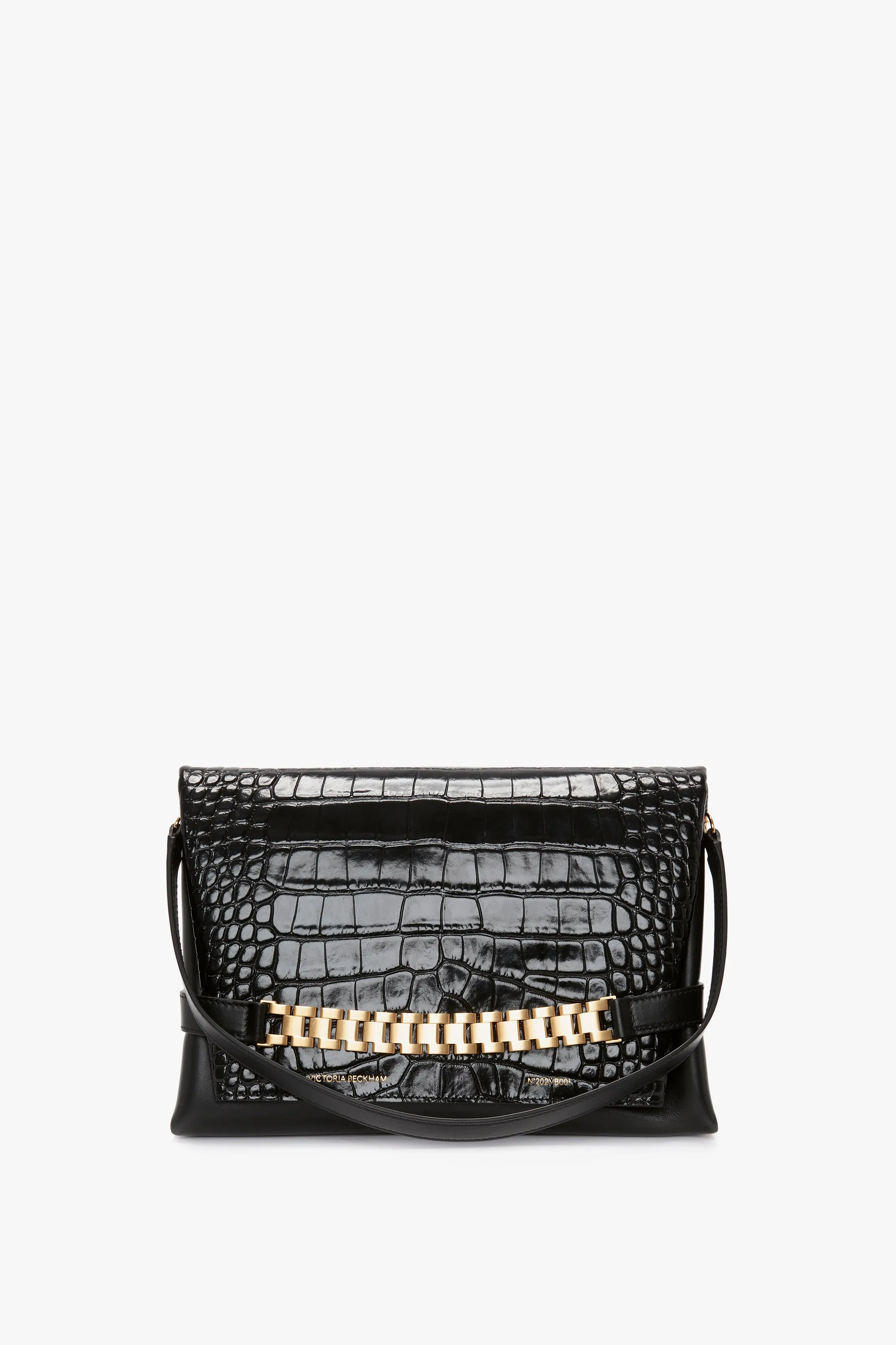 Chain Pouch With Strap In Black Croc-Effect Leather