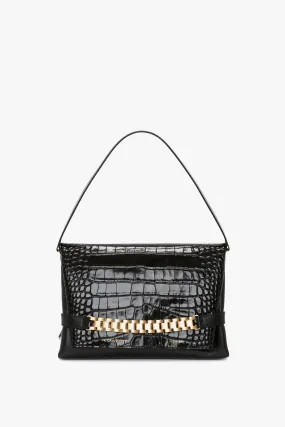 Chain Pouch With Strap In Black Croc-Effect Leather