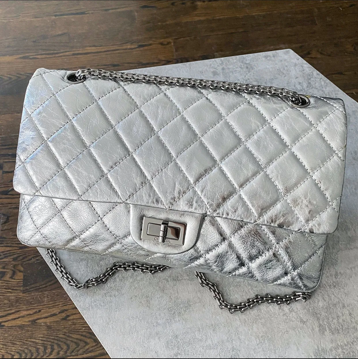 Chanel 2.55 Reissue 227 Jumbo Silver Aged Calfskin Flap Bag