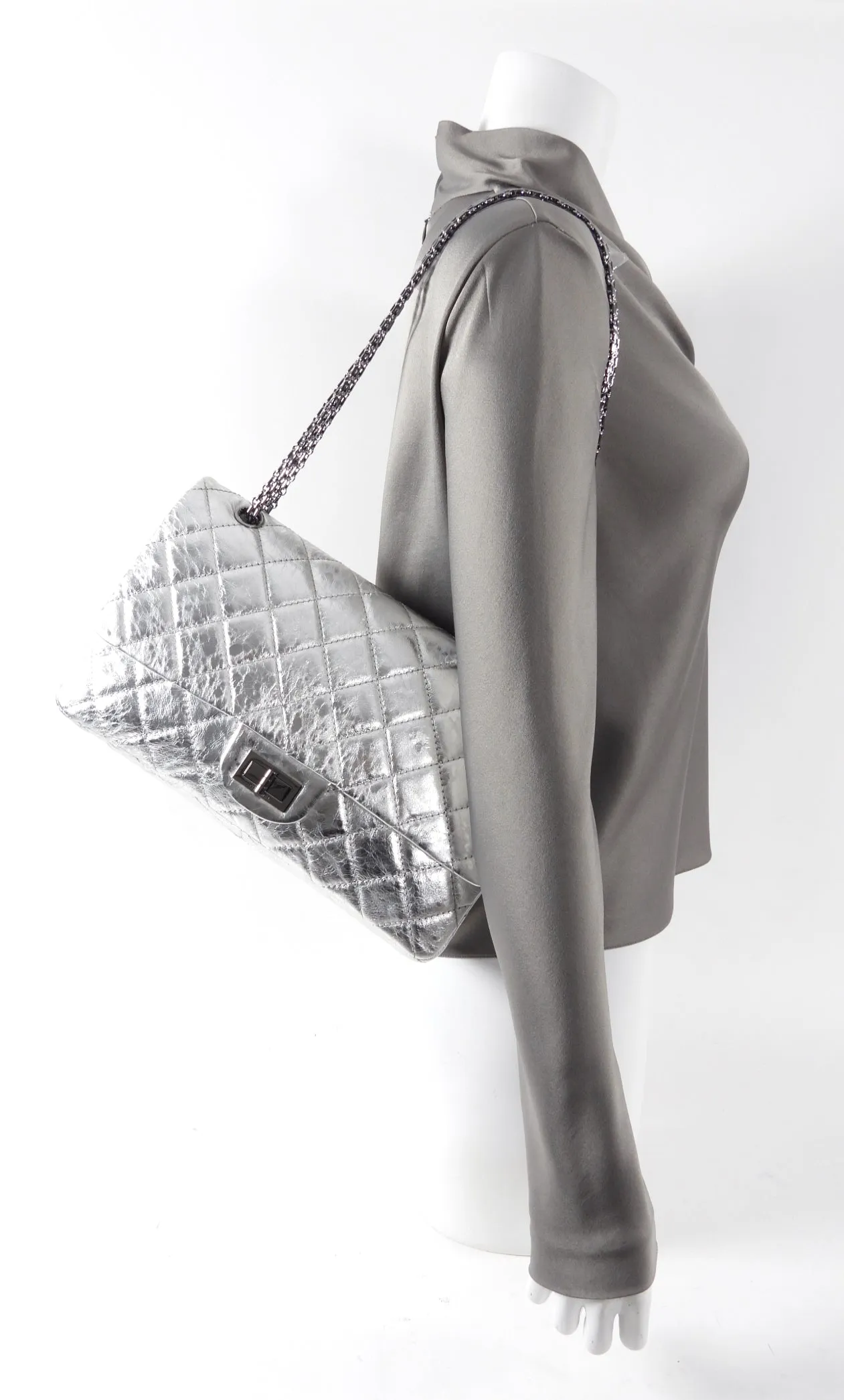 Chanel 2.55 Reissue 227 Jumbo Silver Aged Calfskin Flap Bag