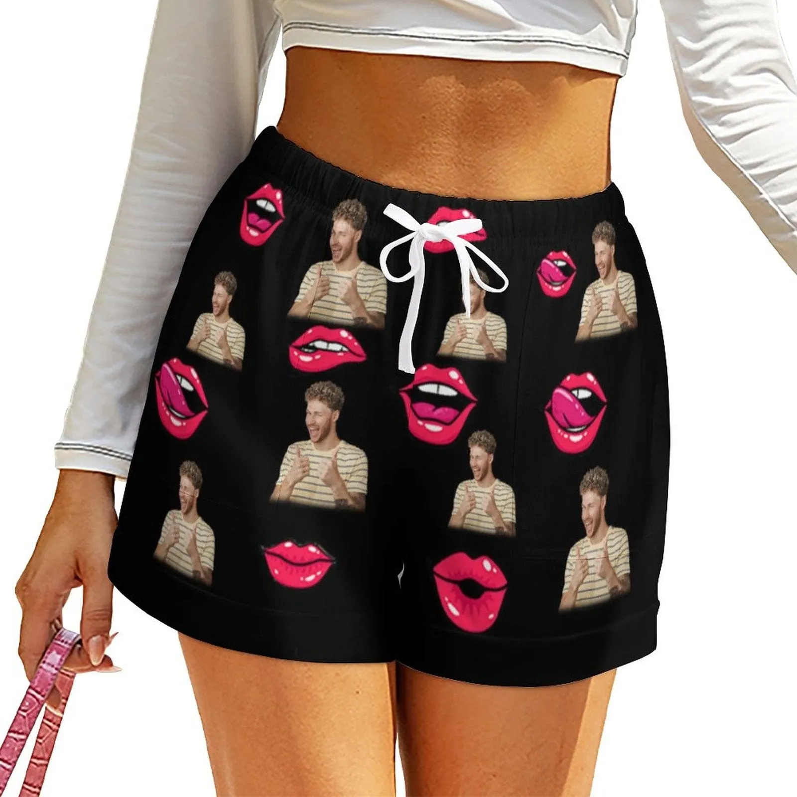 Custom Face Lover Lips  Personalized Photo Couple Matching Beach Shorts Men's Quick-drying Beach Shorts & Women's High Waist Shorts