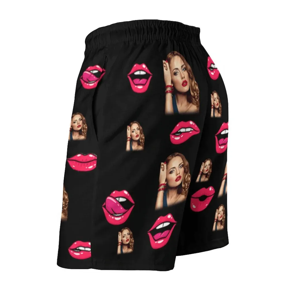 Custom Face Lover Lips  Personalized Photo Couple Matching Beach Shorts Men's Quick-drying Beach Shorts & Women's High Waist Shorts