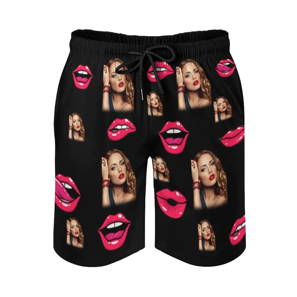 Custom Face Lover Lips  Personalized Photo Couple Matching Beach Shorts Men's Quick-drying Beach Shorts & Women's High Waist Shorts