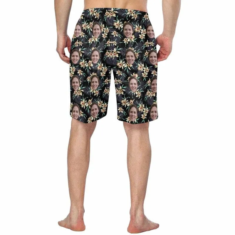 Custom Face Plant Couple Matching Beach Shorts Personalized Men's Elastic Beach Shorts&Women's Mid-Length Board Shorts Swim Trunks