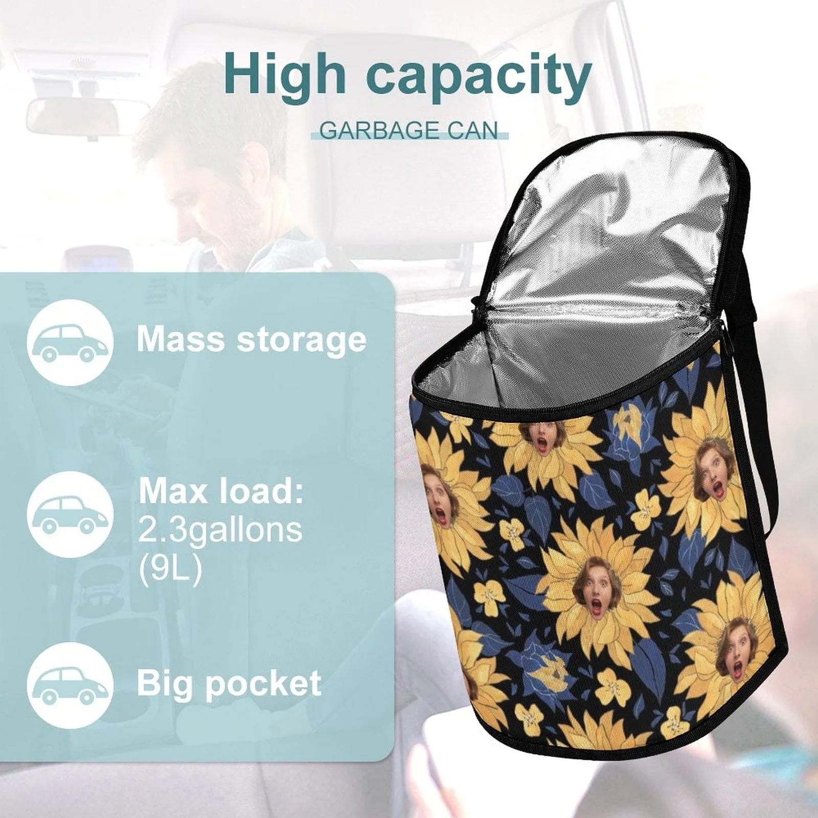 Custom Face Sunflowers Car Garbage Bag Personalized Car Storage Bag