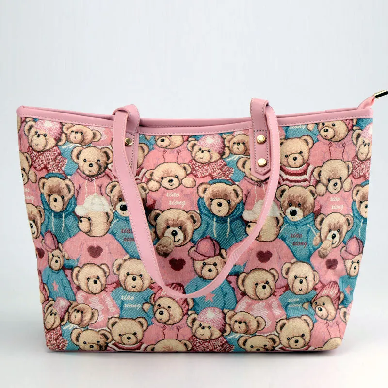 Cute Teddy Bear Print Canvas Large Tote Bags