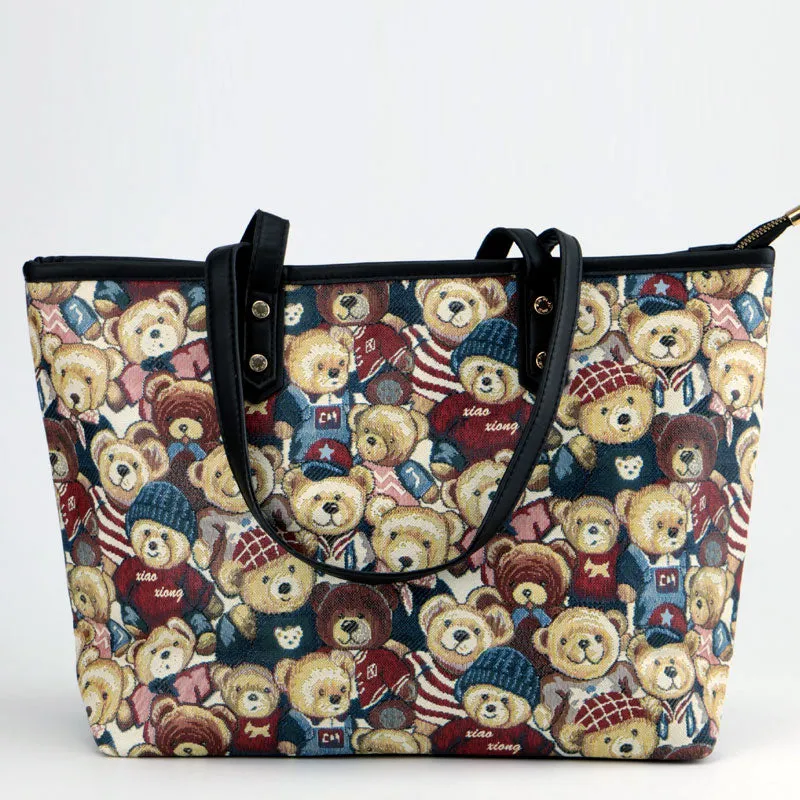 Cute Teddy Bear Print Canvas Large Tote Bags