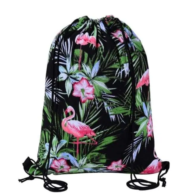 Floral Black Drawstring Bag