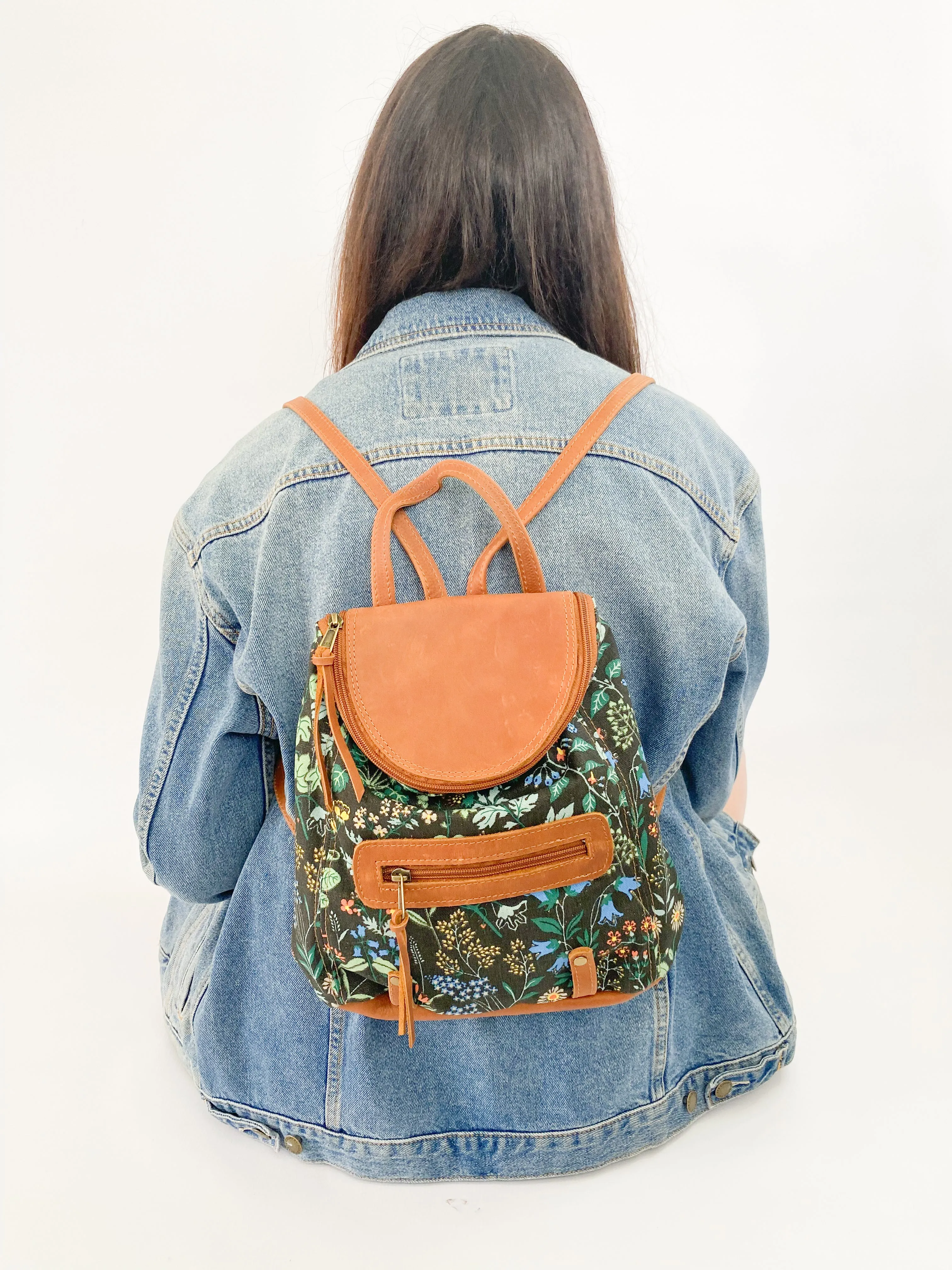 Gia leather tan and floral backpack