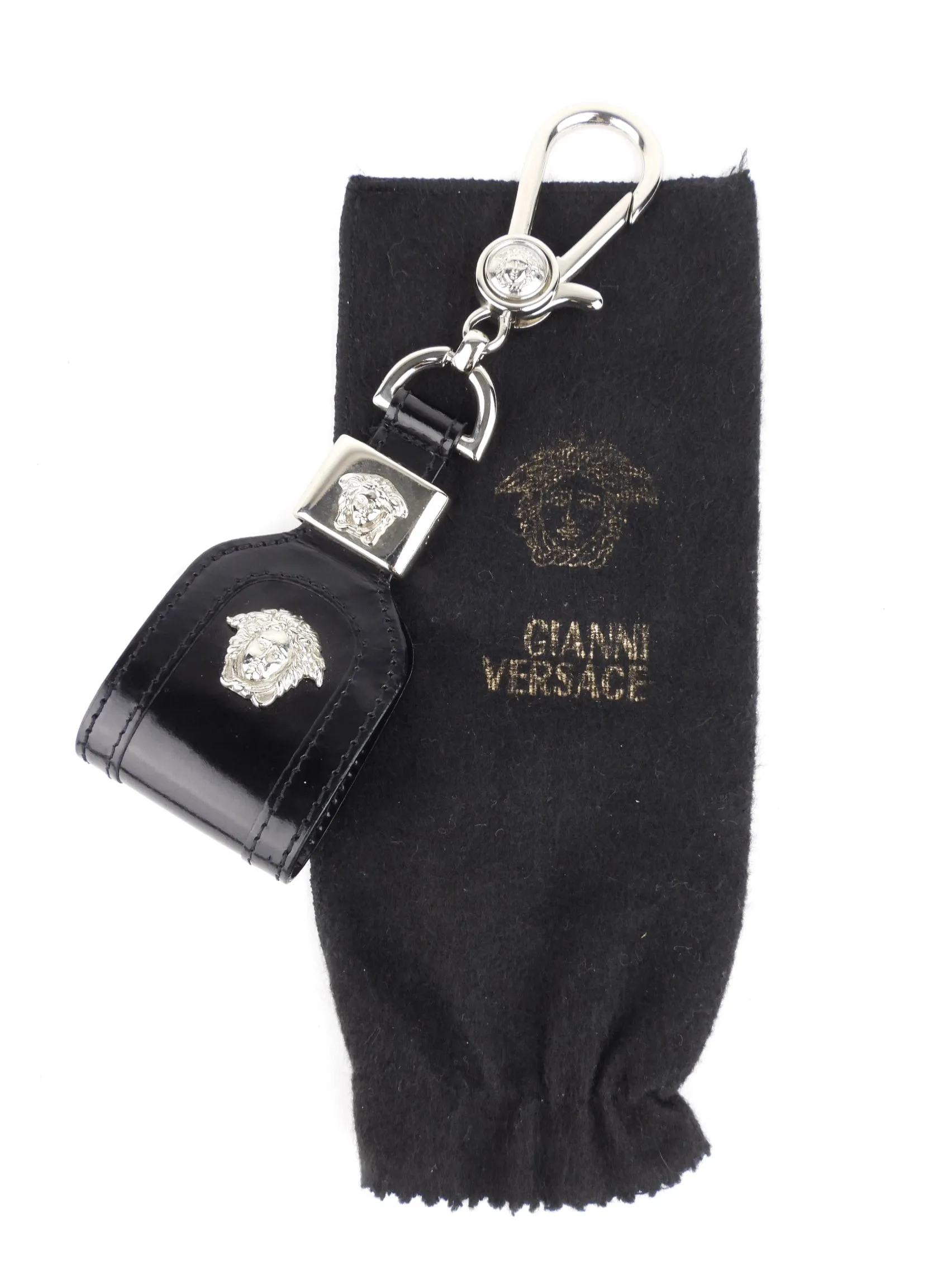 Gianni Versace Vintage Black Leather Medusa Head Keychain