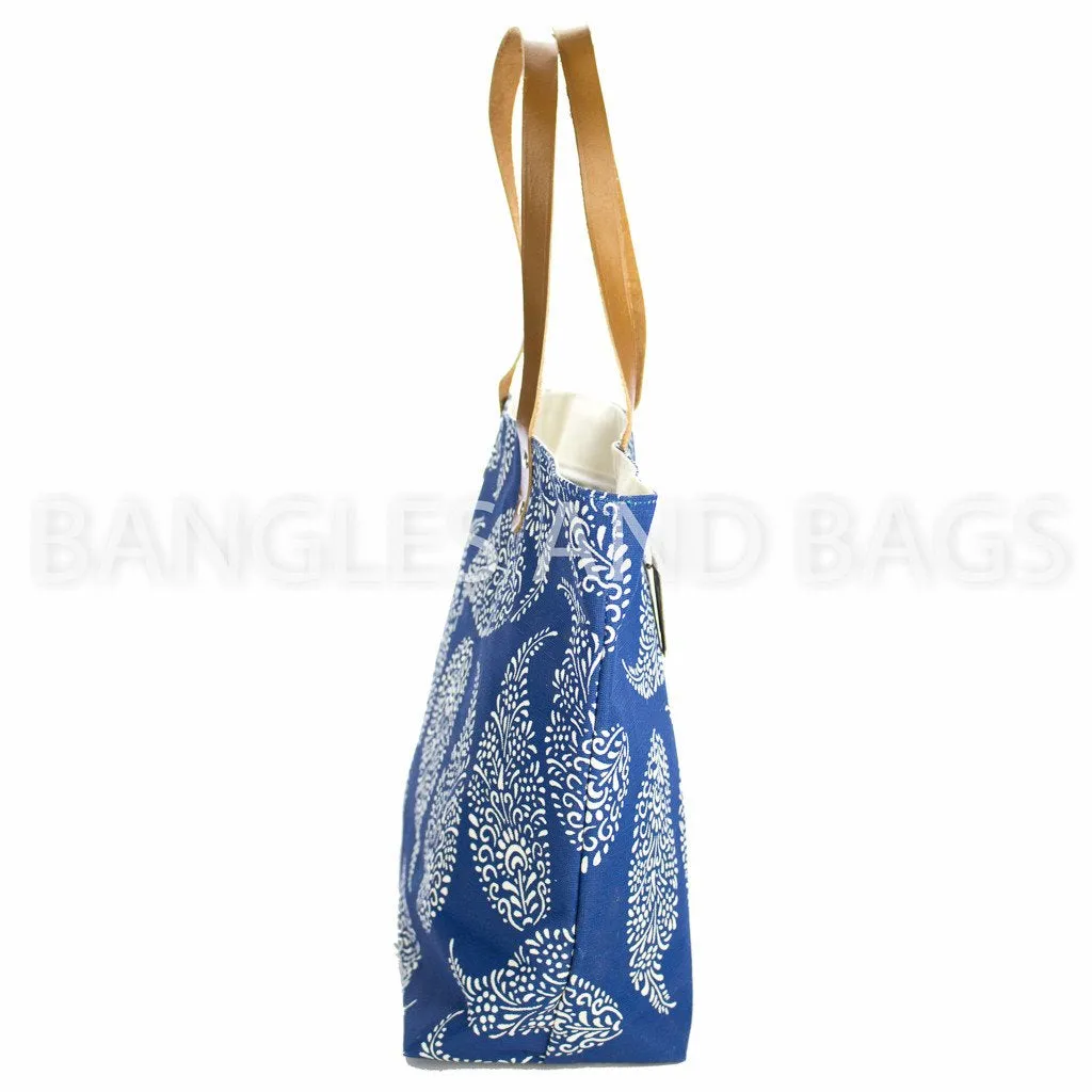 Global Paisley Leaf Jute Beach Tote - Blue