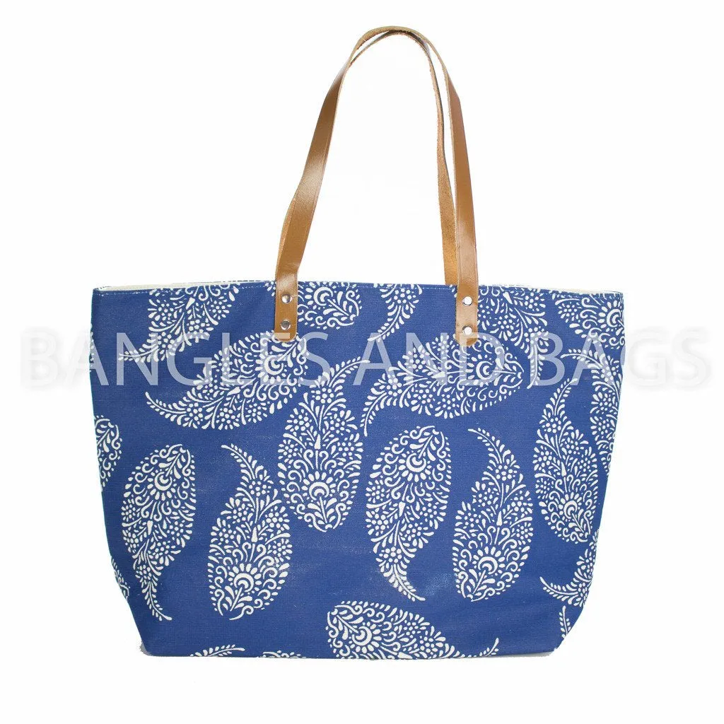 Global Paisley Leaf Jute Beach Tote - Blue