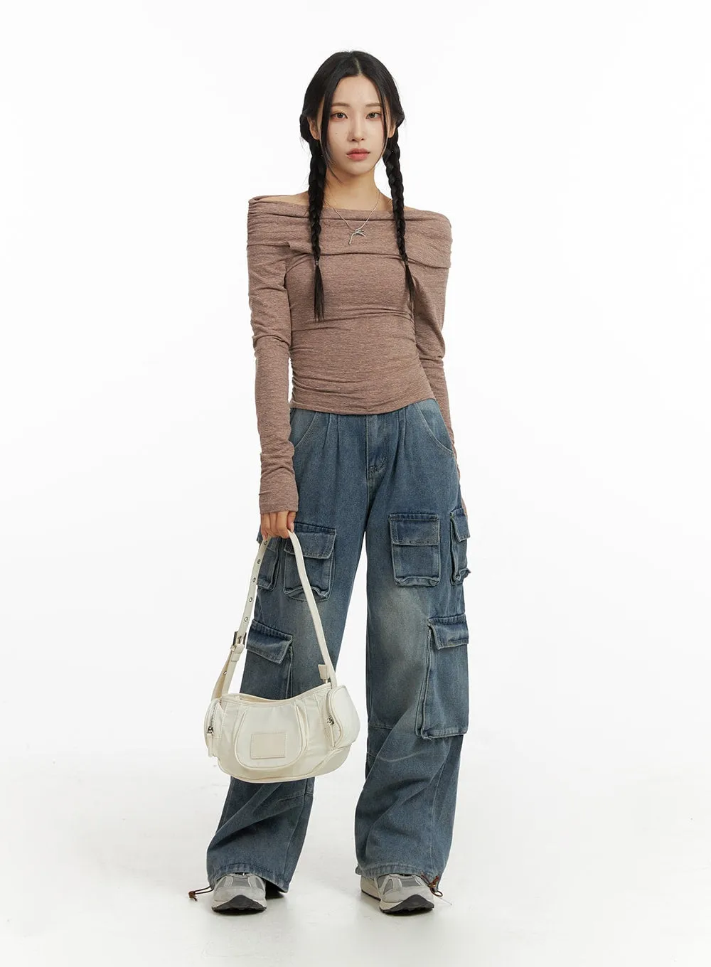 High Waist Pocket Cargo Straight Leg Jeans CF416