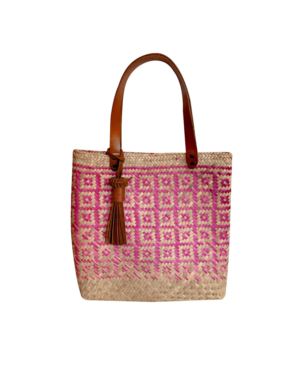 Keta tan leather tote bag / pink squares hand woven palm