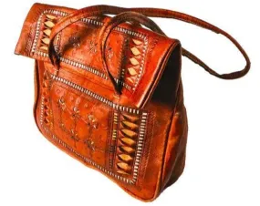 Leather Tote Bag - Chkara - Stars Embroidered - Orange