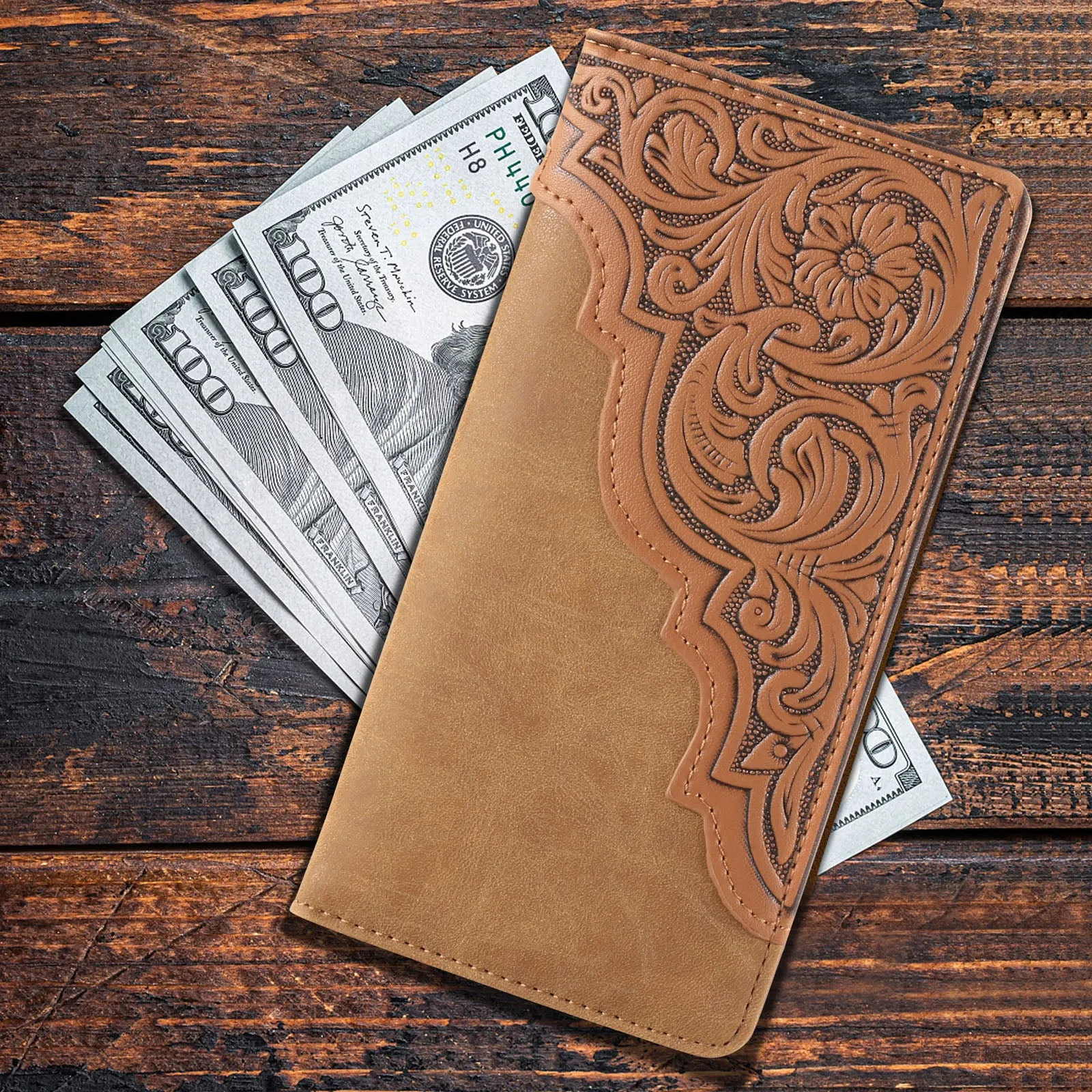 MW-613  Embossed Floral  Men's Bifold Long PU Leather Wallet