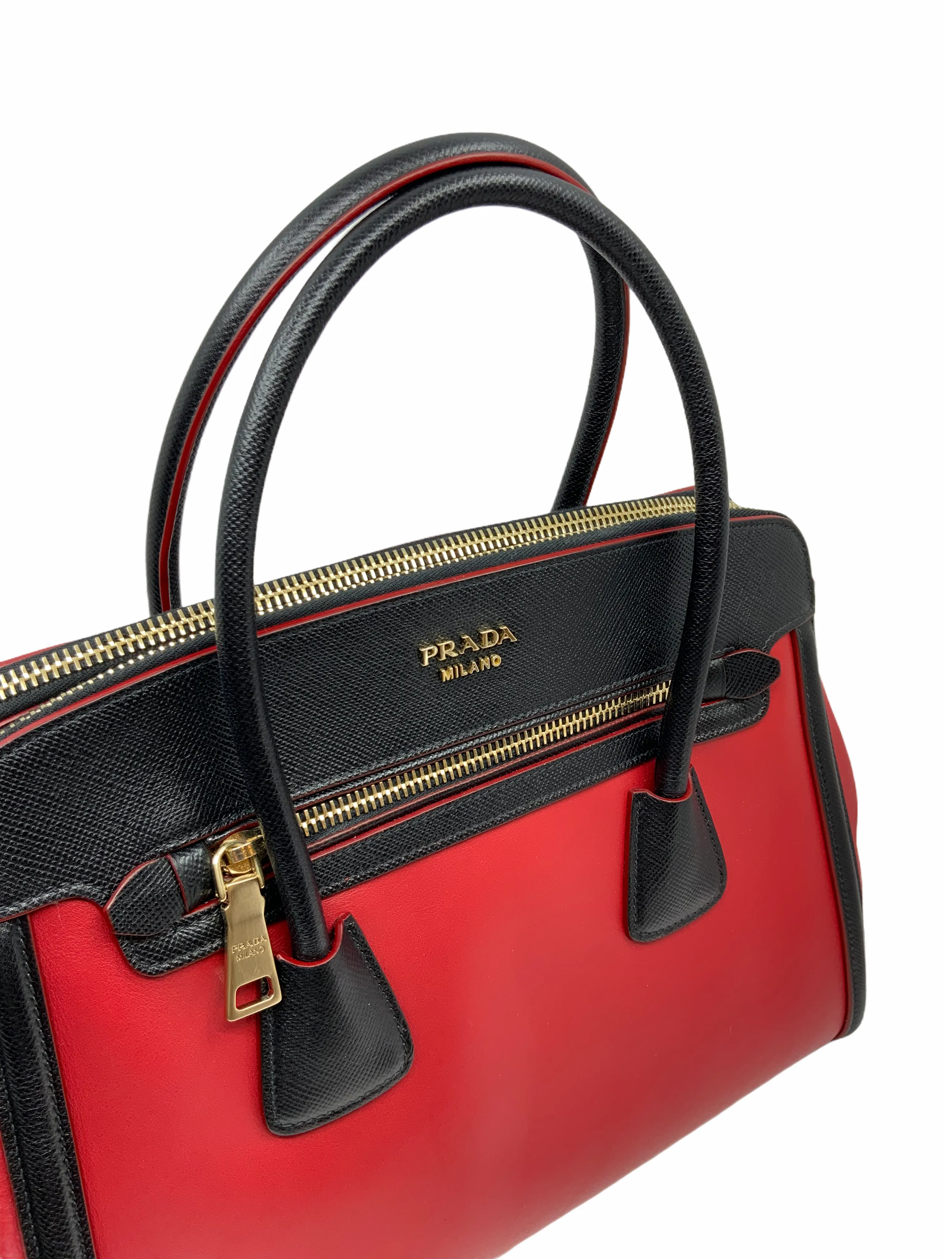 Elegant Prada Bi-Color Front-Zip Leather Tote Bag with Adjustable Shoulder Strap