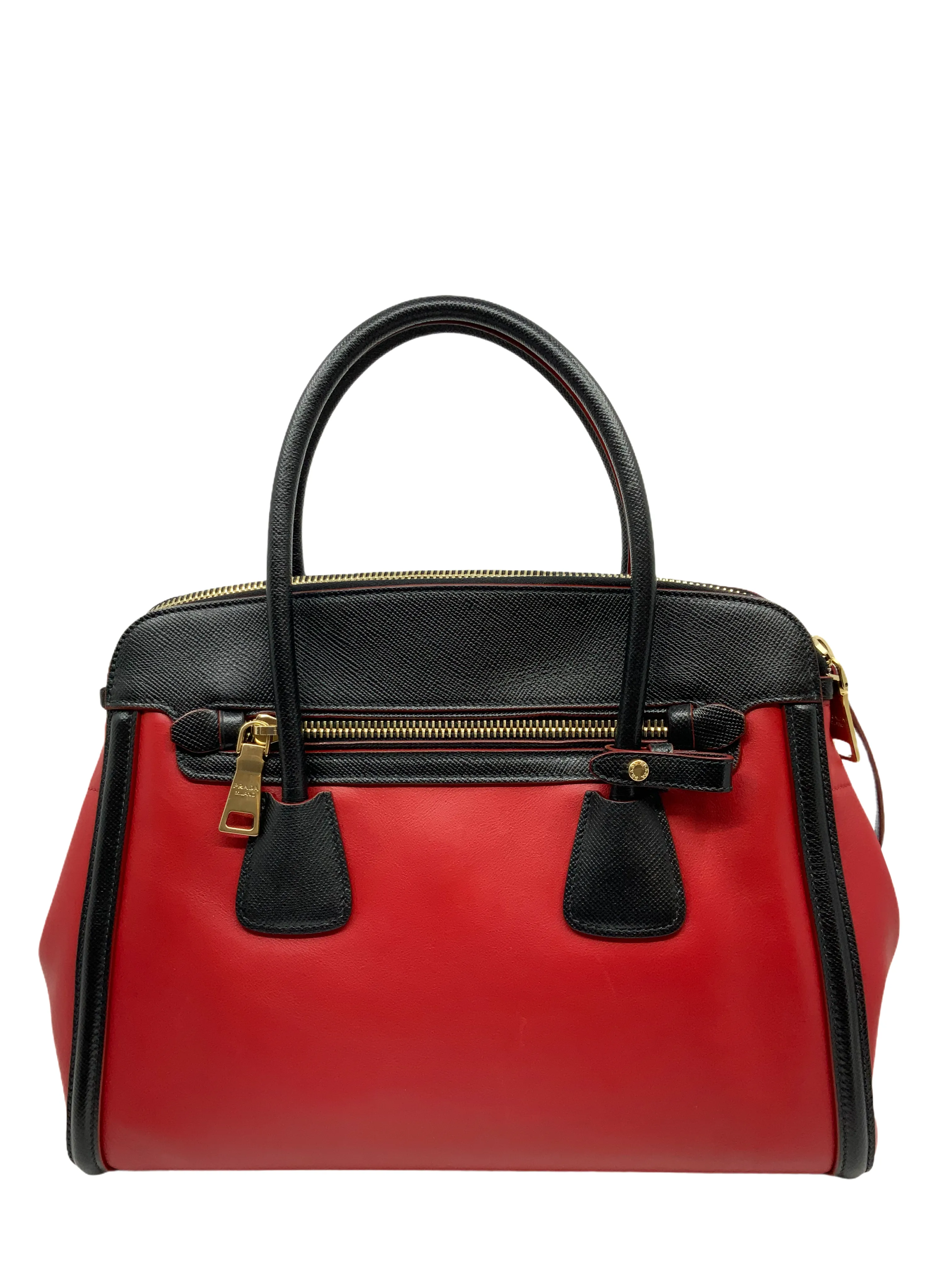 Elegant Prada Bi-Color Front-Zip Leather Tote Bag with Adjustable Shoulder Strap