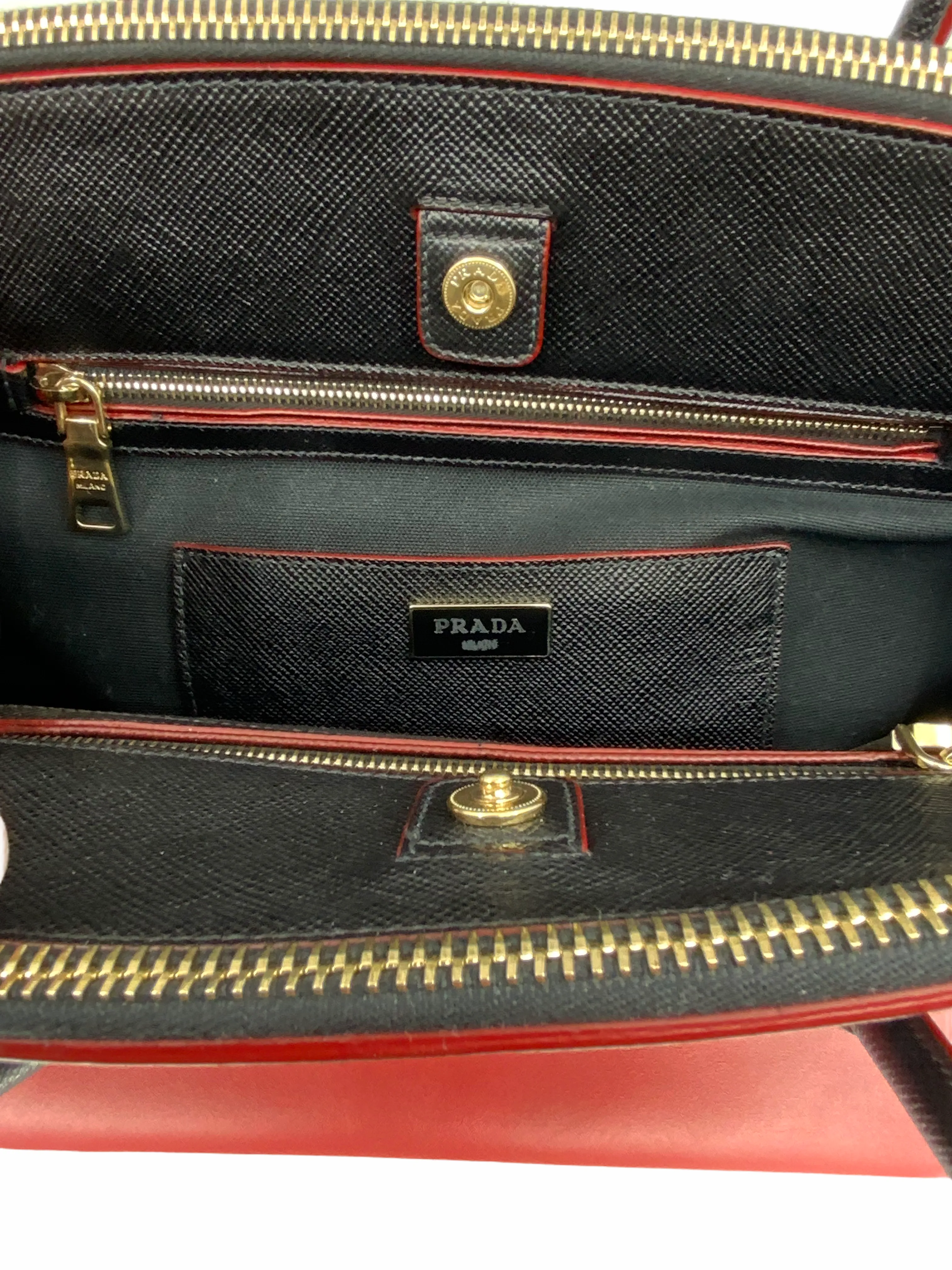 Elegant Prada Bi-Color Front-Zip Leather Tote Bag with Adjustable Shoulder Strap