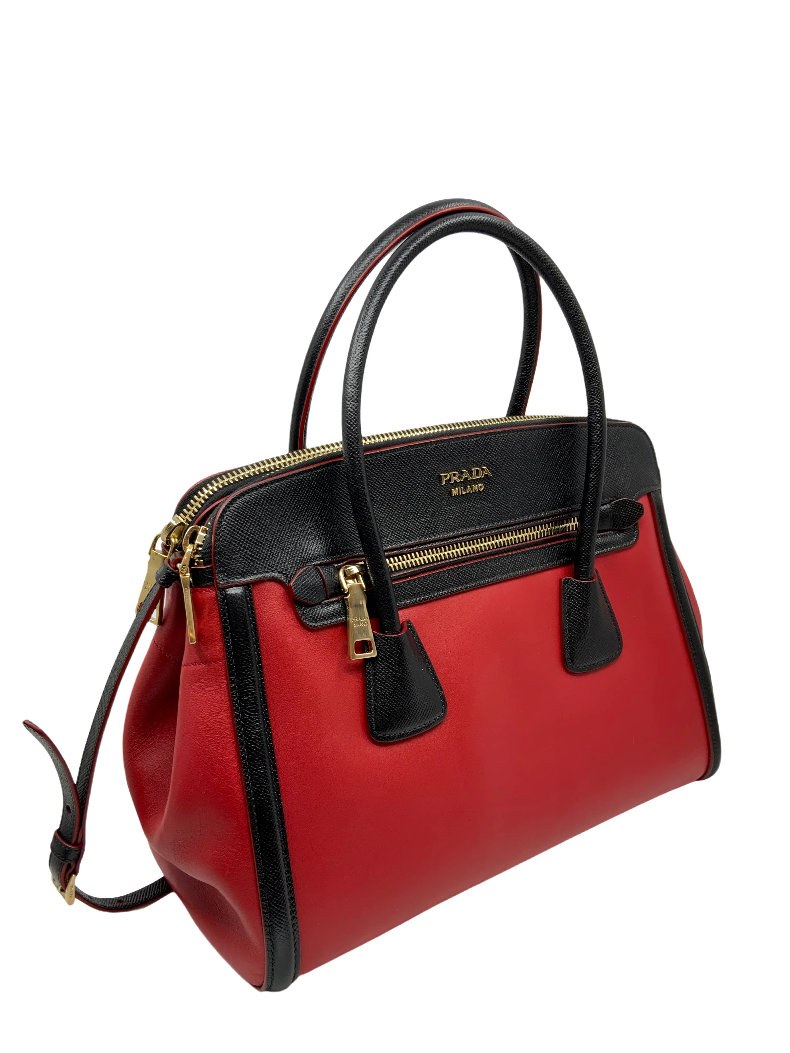 Elegant Prada Bi-Color Front-Zip Leather Tote Bag with Adjustable Shoulder Strap