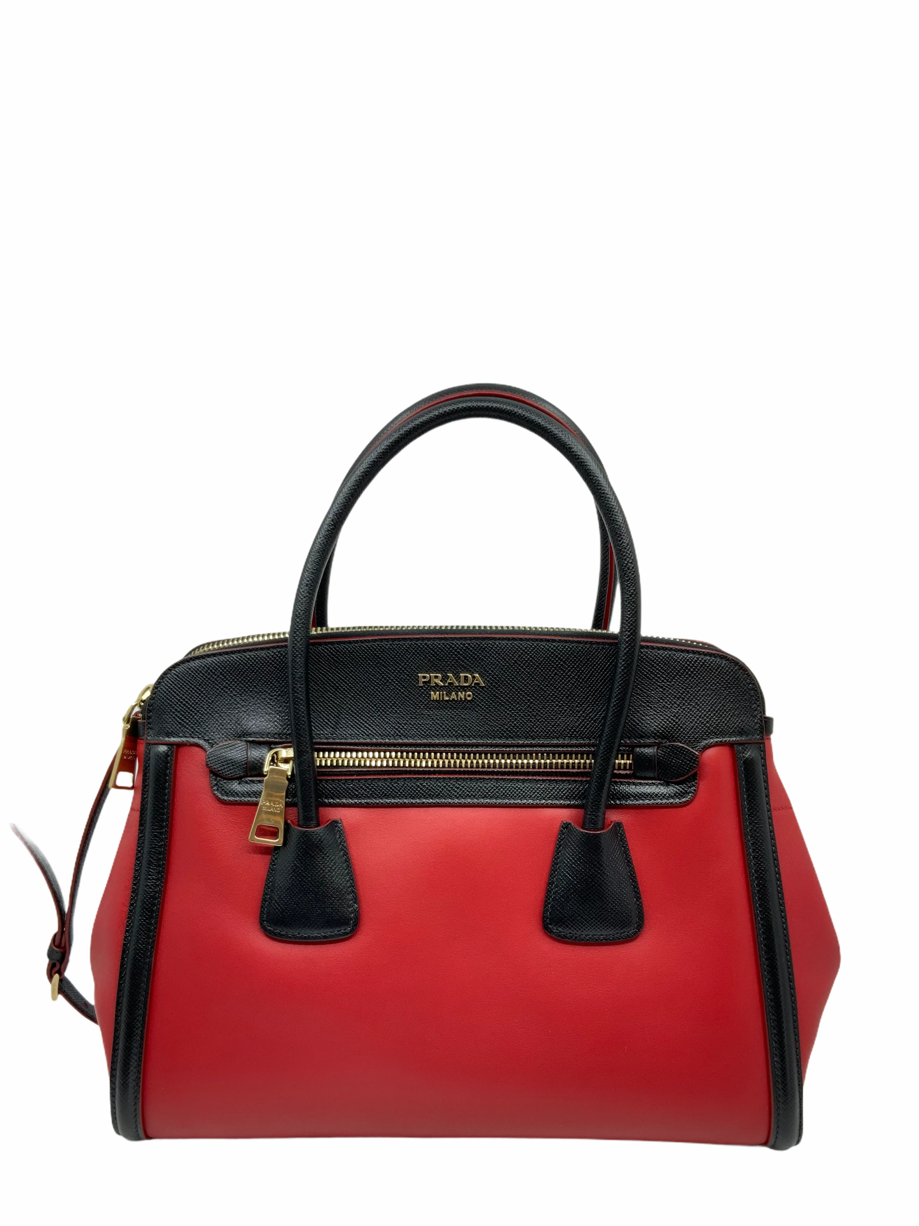 Elegant Prada Bi-Color Front-Zip Leather Tote Bag with Adjustable Shoulder Strap