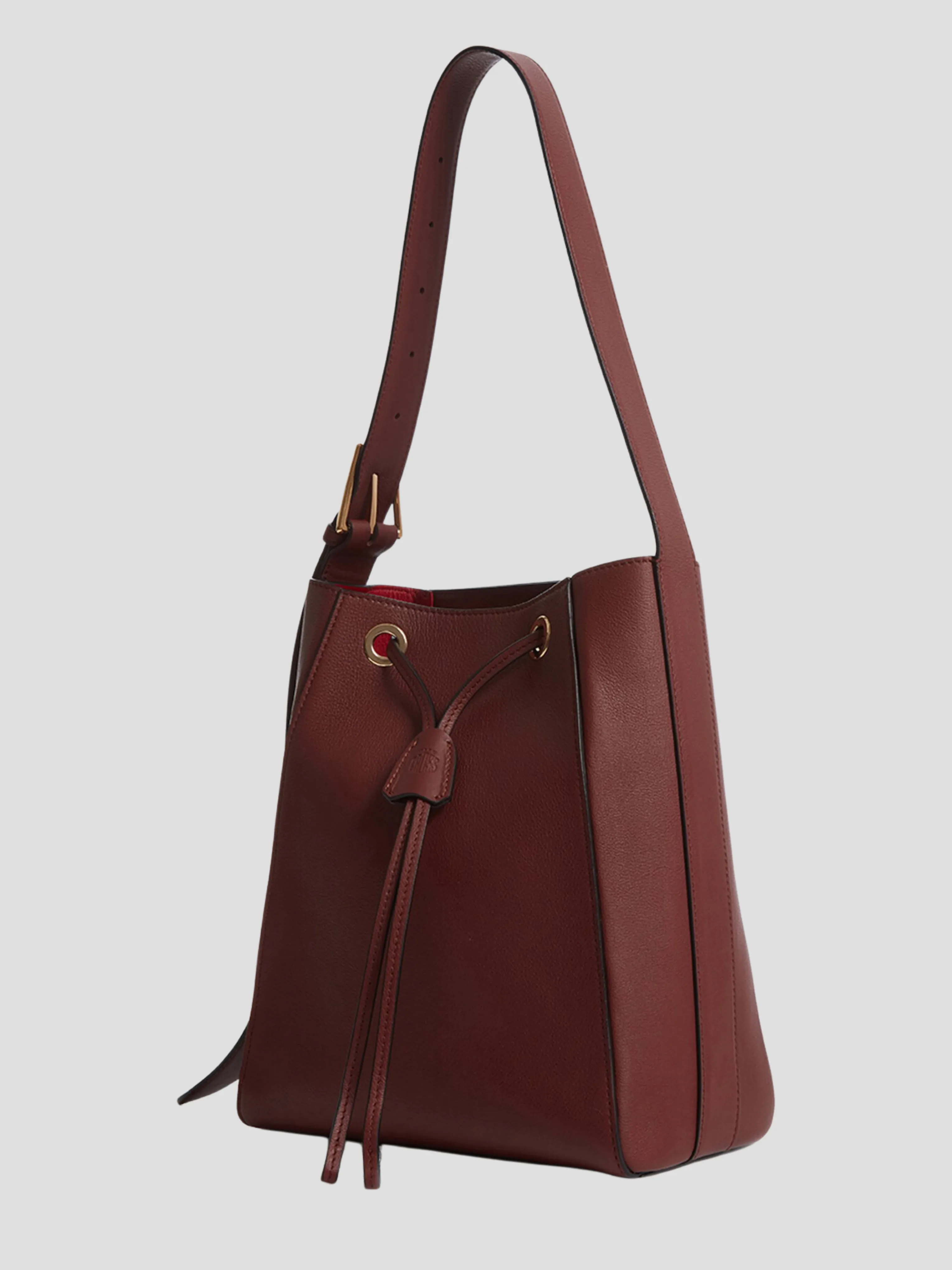 Pyramid Red Smooth Calf Bucket Bag with Adjustable Strap