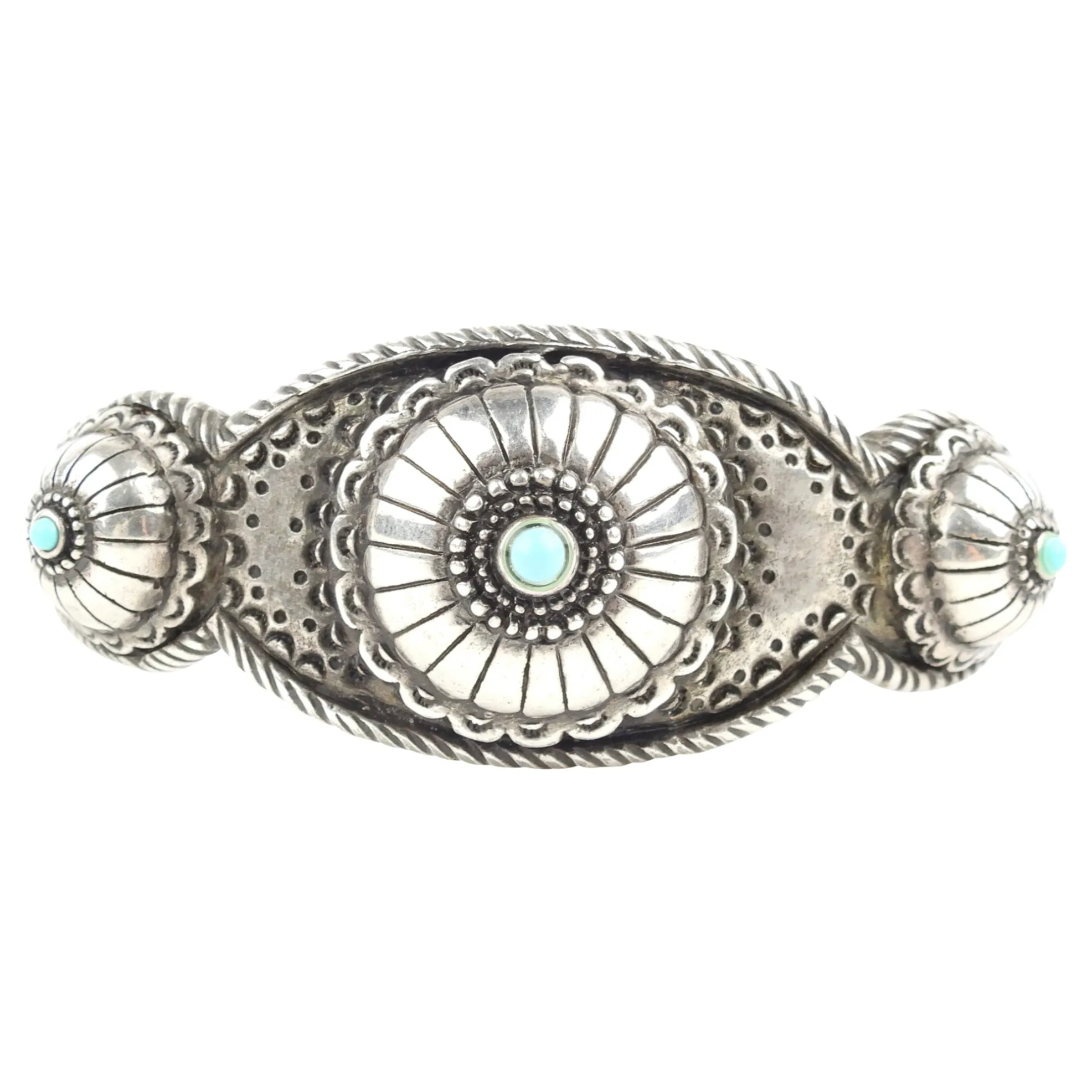 Saint Laurent Western Turquoise Cabochon Silver Tone Brass Cuff Bracelet