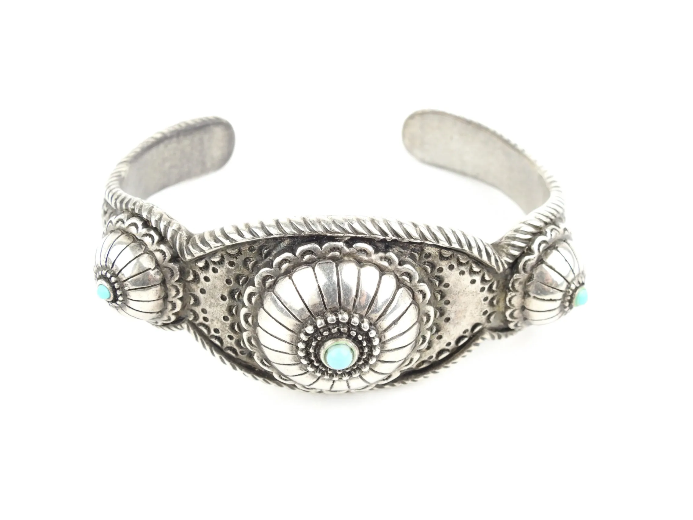 Saint Laurent Western Turquoise Cabochon Silver Tone Brass Cuff Bracelet